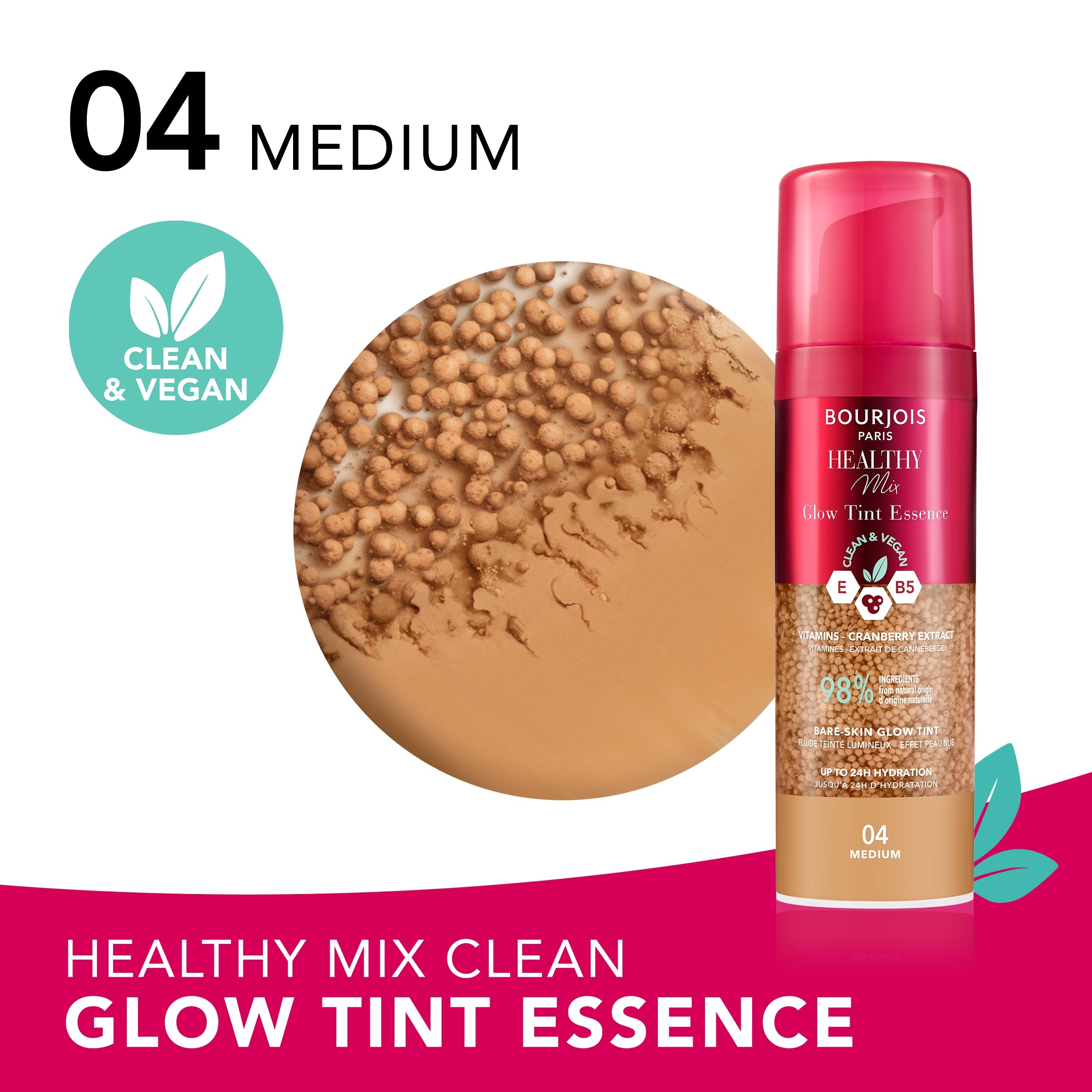Bourjois Healthy Mix, 04 Medium, Glow Tint Essence, Efekt gołej skóry, błyszczące wykończenie, przyciemniający nawilżacz o świeżej i lekkiej konsystencji, czysta wegańska formuła, 30 ml