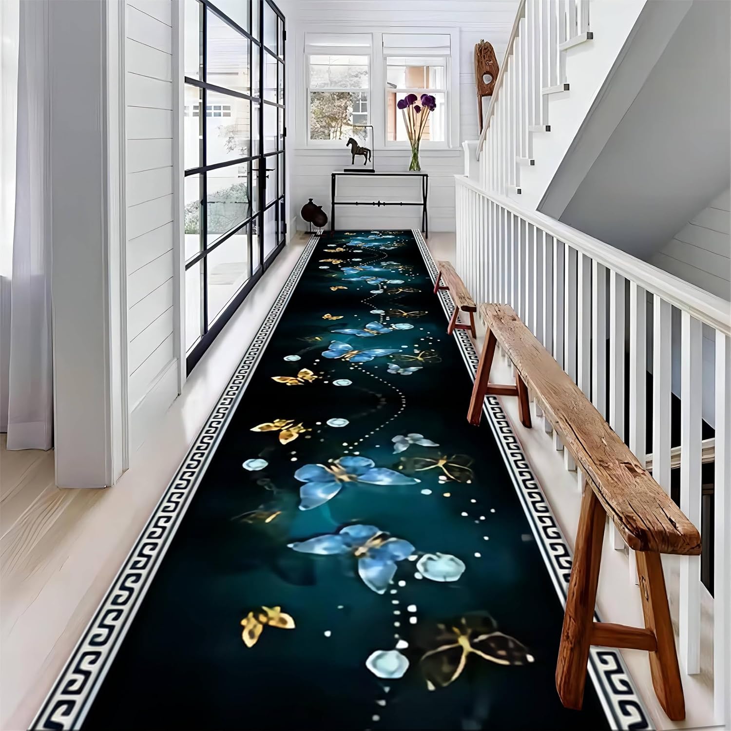 Runner Rug, 2x7ft Modern Blue and Gold Butterfly Pattern Artistic Aesthetic Mat, Washable Kitchen Long Area Rug, Non-Slip Laundry Room Hallway Rug, Living Room Bedroom Entrance Floor Mat