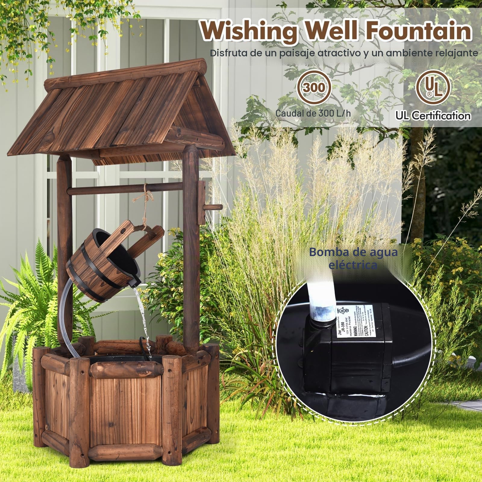 RELAX4LIFE Fuente de Jardín de Madera con Bomba Eléctrica 300L/H, Pozo Decorativa con Control del Caudal de Agua para Jardín, Balcón, Patio, 58,5×56×117cm, Marrón