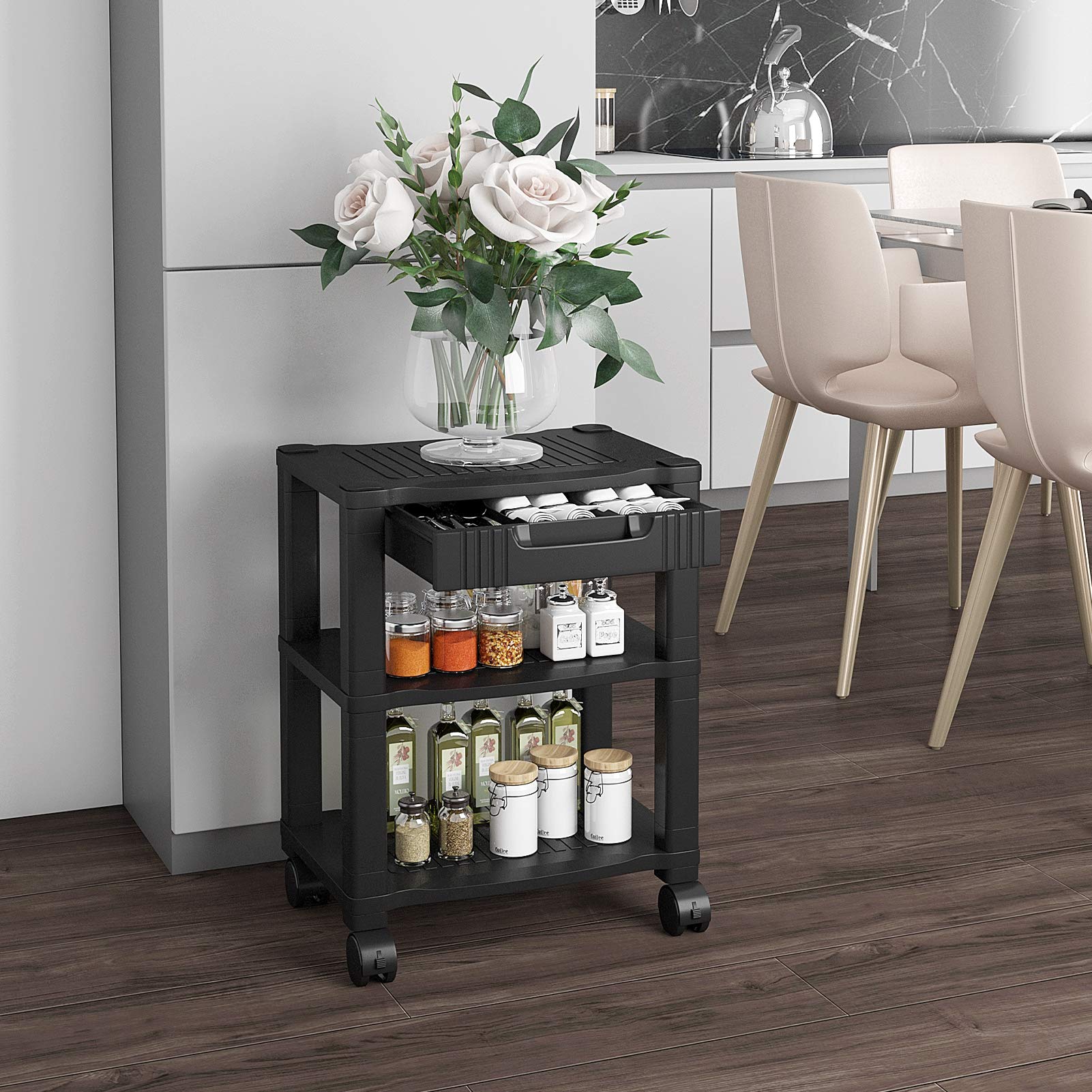 AMERIERGO Printer Stand with Drawer 3 Tier Height Adjustable Printer Cart, Rolling Printer