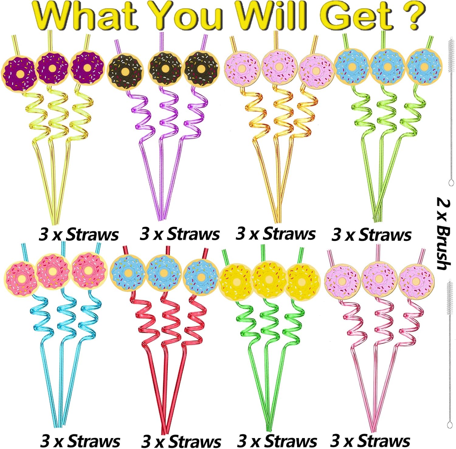 24 Reusable Donut Crazy Shape Straws for Birthday Party Supplies Party Decorations Party Favors with 2 Cleaning Brushes 8 Color Straws - Image 6