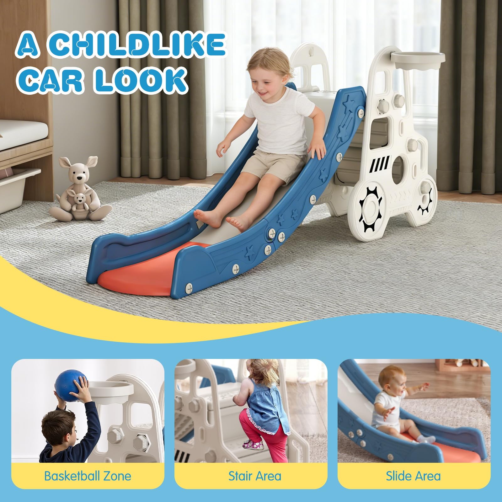 Kintness 3 in 1 Kleinkind Rutsche, Auto Design Kinder Rutsche Kletterer Spielset mit Basketballkorb Indoor & Outdoor Kleinkind Spielplatz mit Anti-Rutsch Stufen für Baby, Blau und Weiß