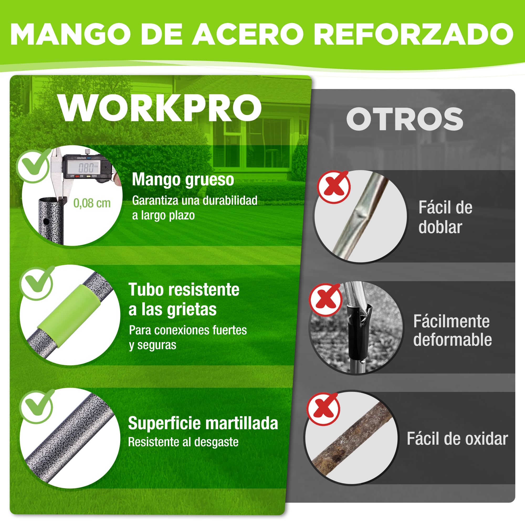 WORKPRO Rastrillo Escarificador para Césped 178 cm, Rastrillo Dethatcher Heavy Duty con Cabezal Ajustable y Mango Telescópico, para Eliminar Hierba Muerta, Restos de Corte y Aflojar el Suelo