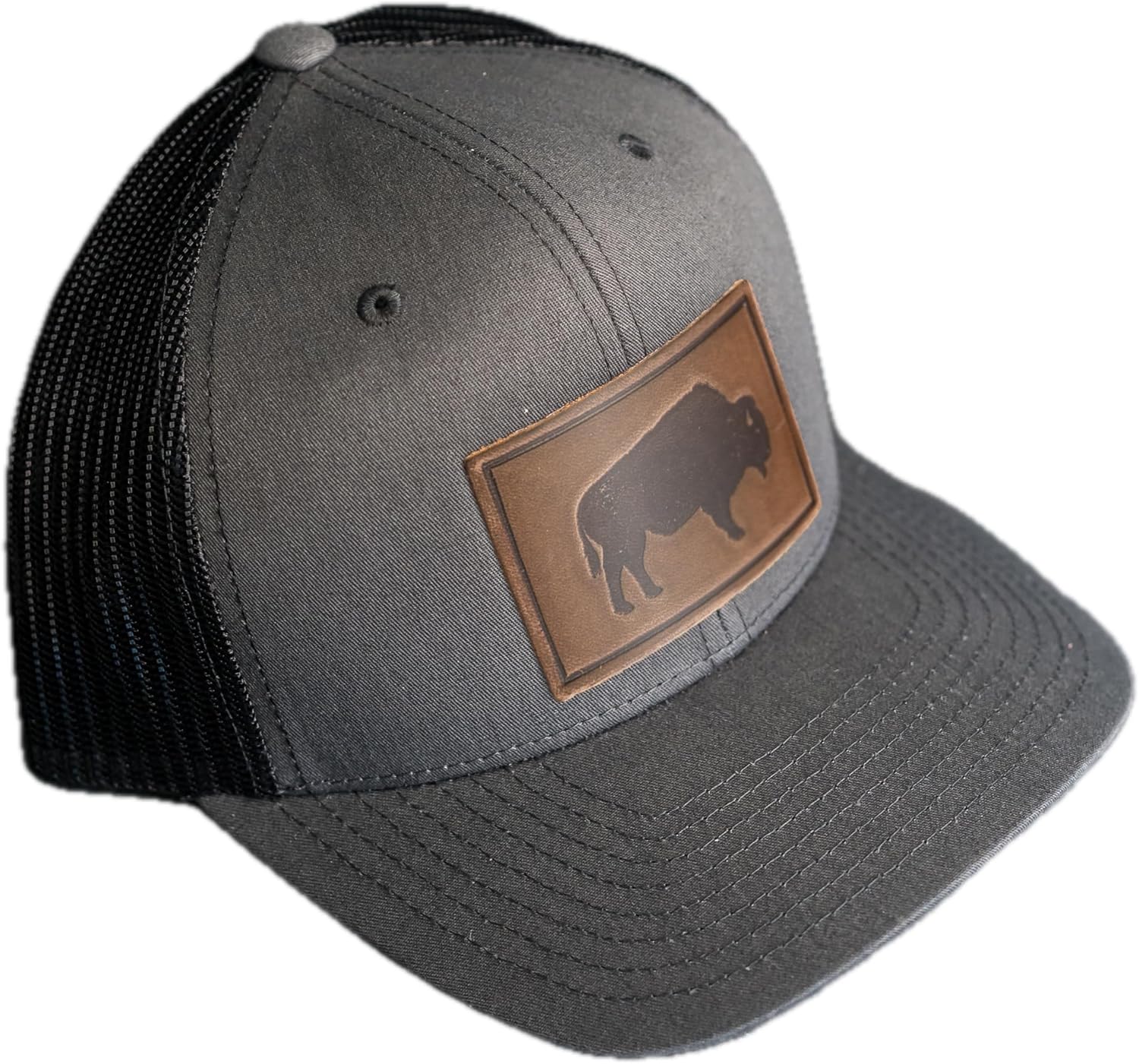 Ox & Pine Bison Stamp Leather Patch Trucker Hat Adjustable Snapback, Structured Mid-Profile Design