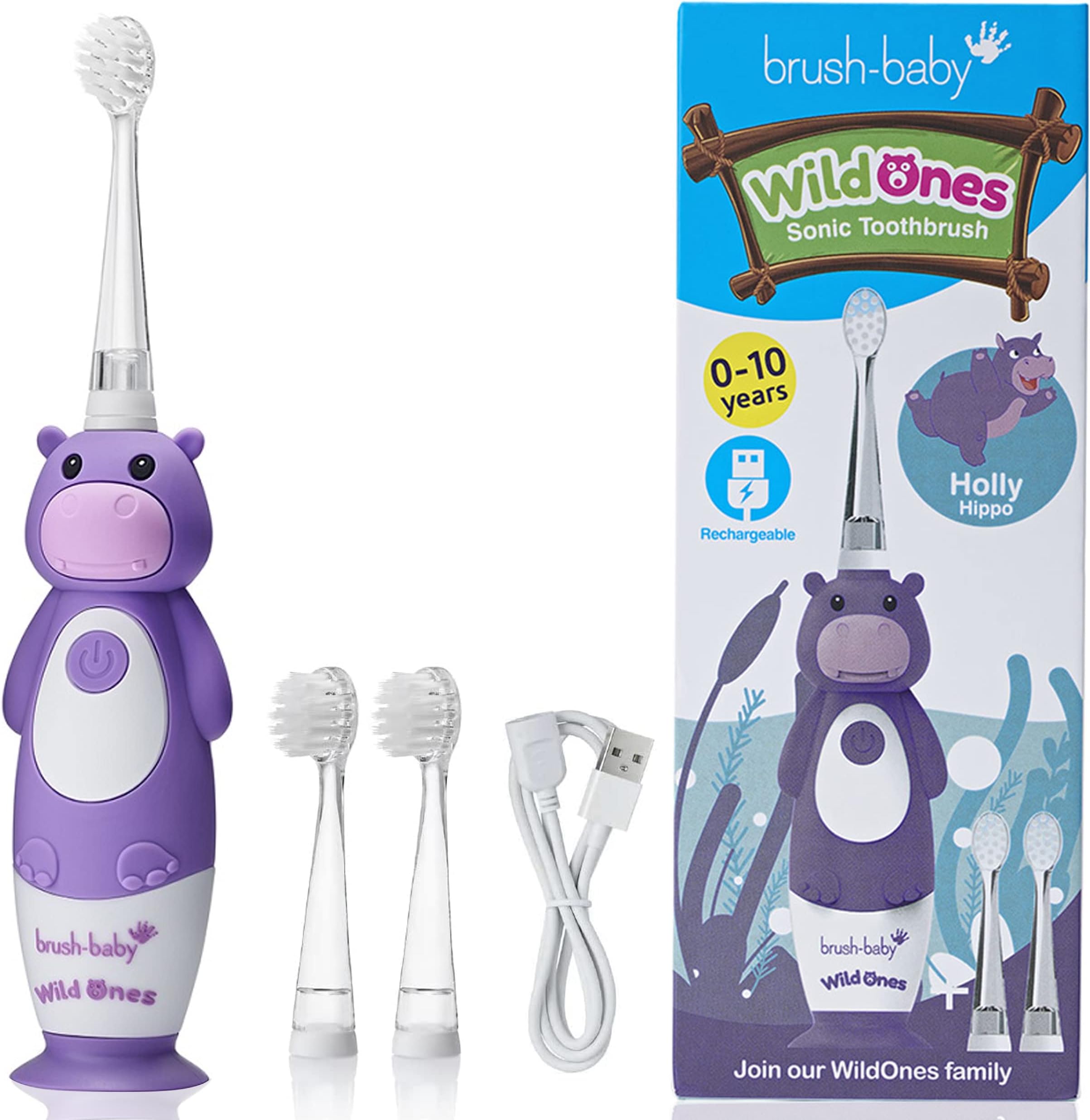 Brush-Baby WildOnes Kids Electric Rechargeable Toothbrush Hippo, 1 Handle, 3 Brush Head, USB Charging Cable, for Ages 0-10 (Hippo)