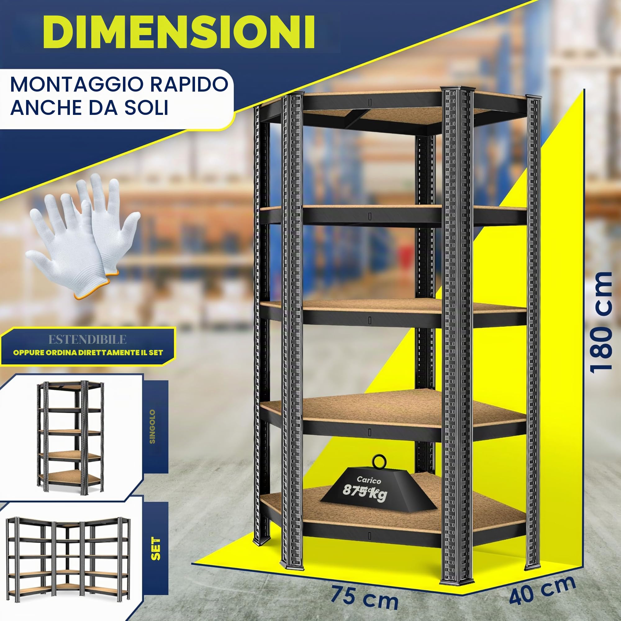 MASKO® Scaffale Angolare, Scaffale di Stoccaggio, per Carichi Pesanti, 180x75x40cm, fino a 875 kg, 5 Ripiani Regolabili, MDF in Metallo, Nero