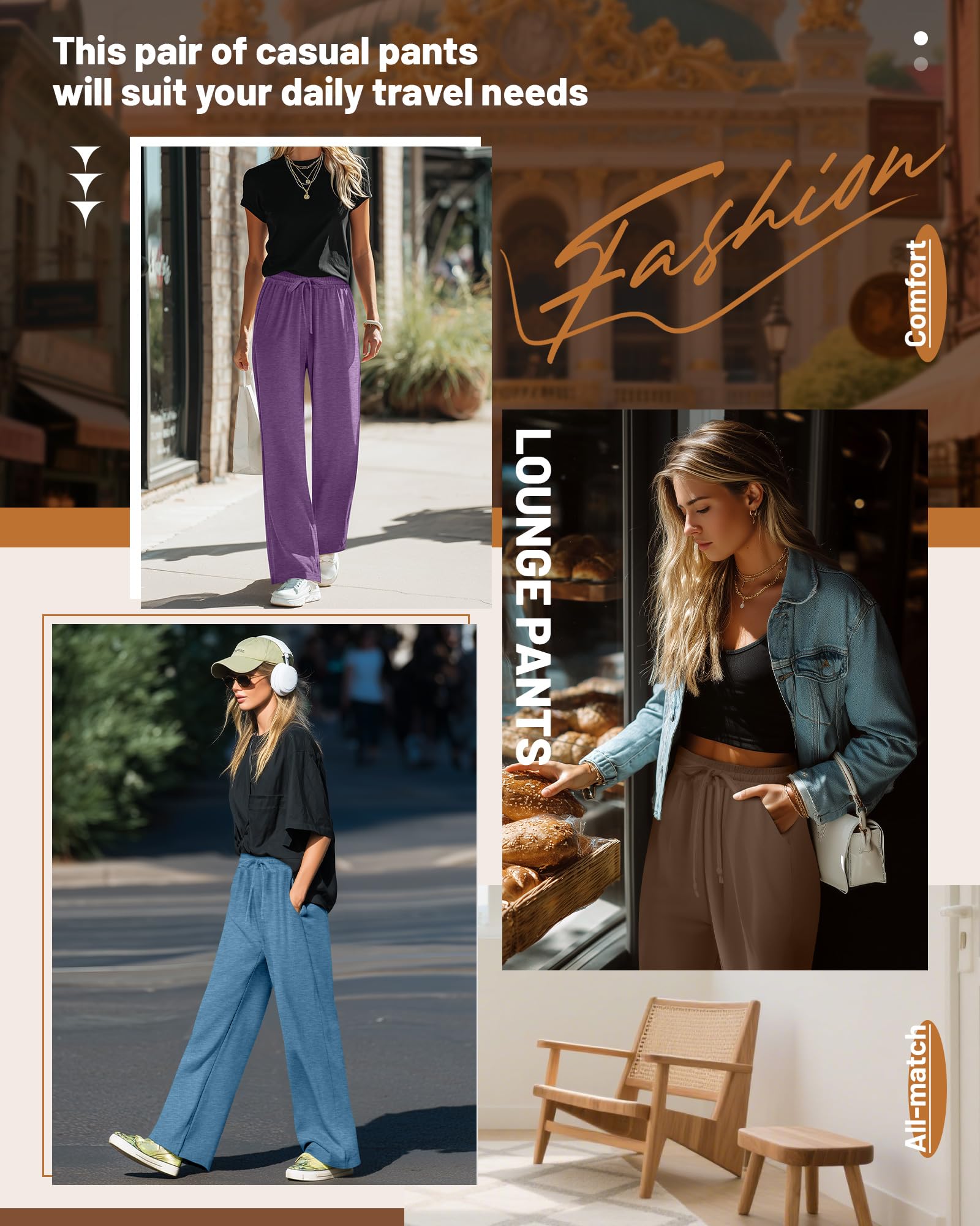 Neer Pack de 3 Pantalones Deportivos Holgados para Mujer con Bolsillos, Pantalones de Yoga de Pierna Ancha