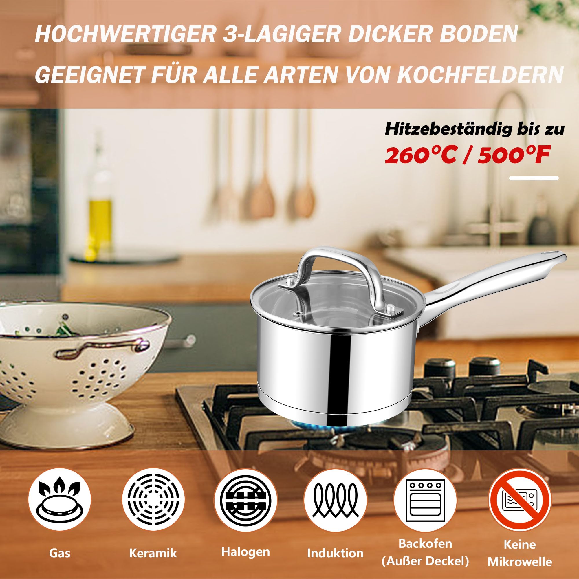 Homikit Rondel 14 cm, stal nierdzewna, mały garnek na mleko ze szklaną pokrywką, 3-warstwowe dno do wszystkich rodzajów kuchenek, garnek indukcyjny 0,95 l, na małe porcje, niemalowany i nadaje się do