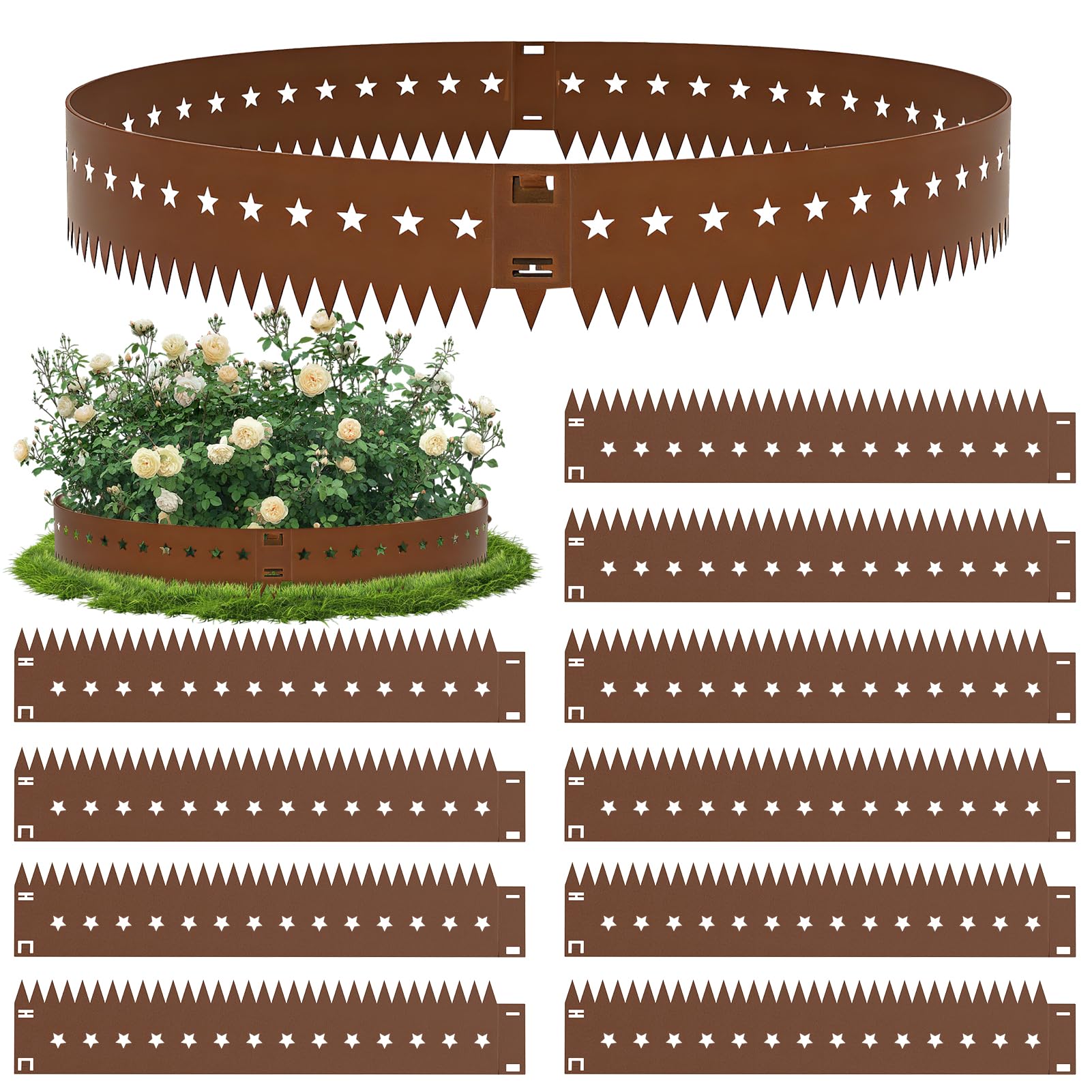 Flexible Rasenkante Metall 10-teilig (je 107,5 x 20 cm) – Cortenstahl Beeteinfassung mit Stern-Dekor, schwere Qualität – Perfekt als Rasenbegrenzung für geschwungene Wege & Moderne Gärten