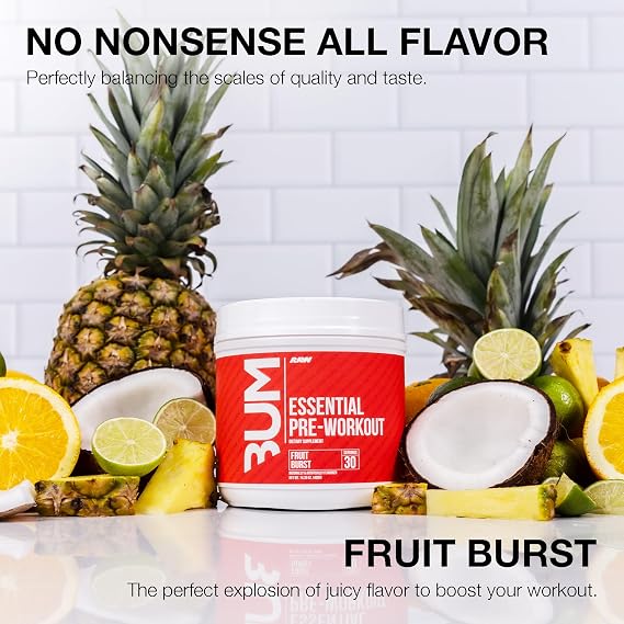 RAW Essential Pre-Workout Powder (Fruit Burst) - Chris Bumstead Sports Nutrition Supplement for Men & Women - Preworkout Energy Powder with Caffeine, L-Citrulline, L-Tyrosine, Beta Alanine Blend