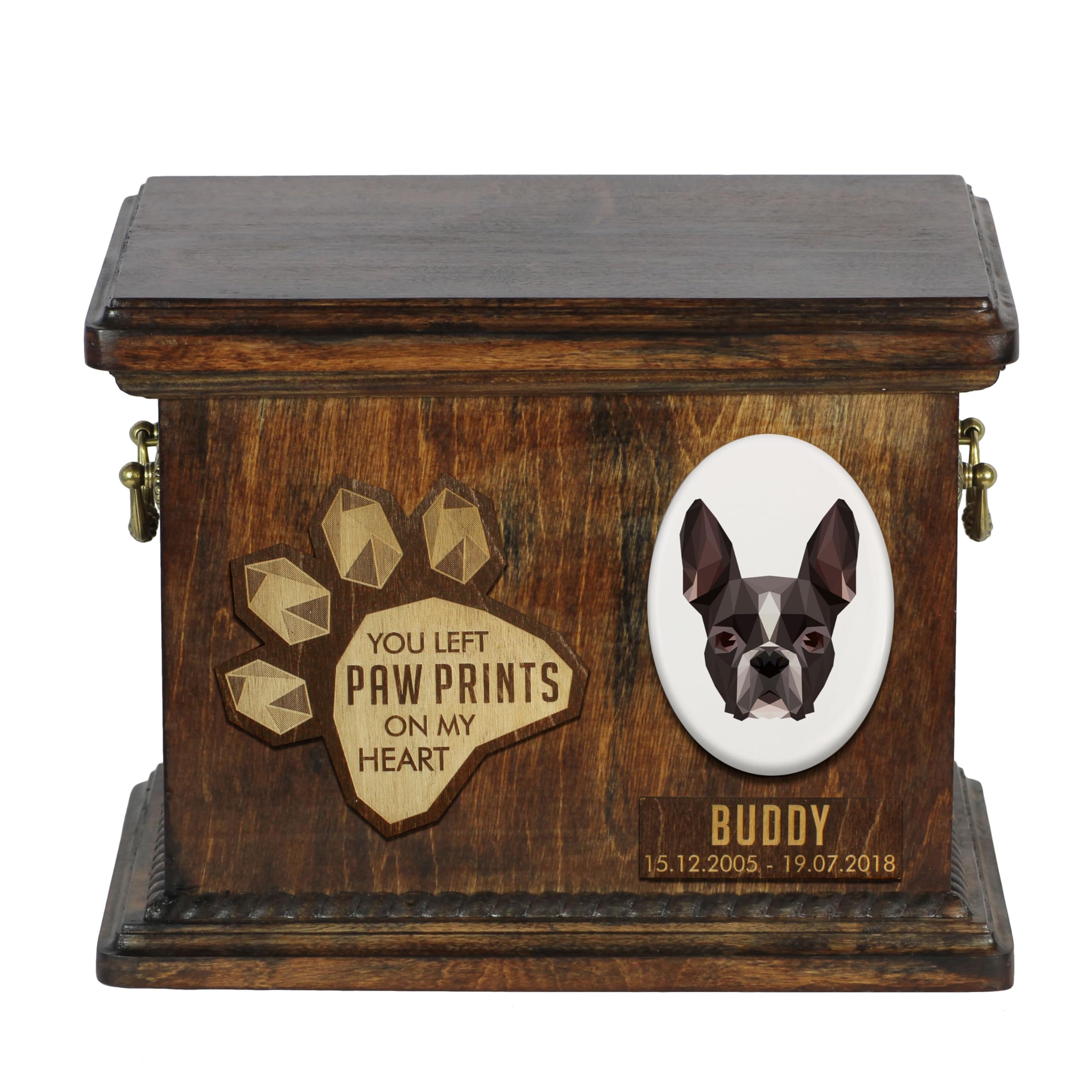 Art-Dog Custom Geometric Dog Memorial Urn - Handmade Wooden Urn – Decorative Ceramic Plate - Custom-made Dog Cremation Box for Ashes - 8,3x11,4x8,7” – Boston Terrier — image 1