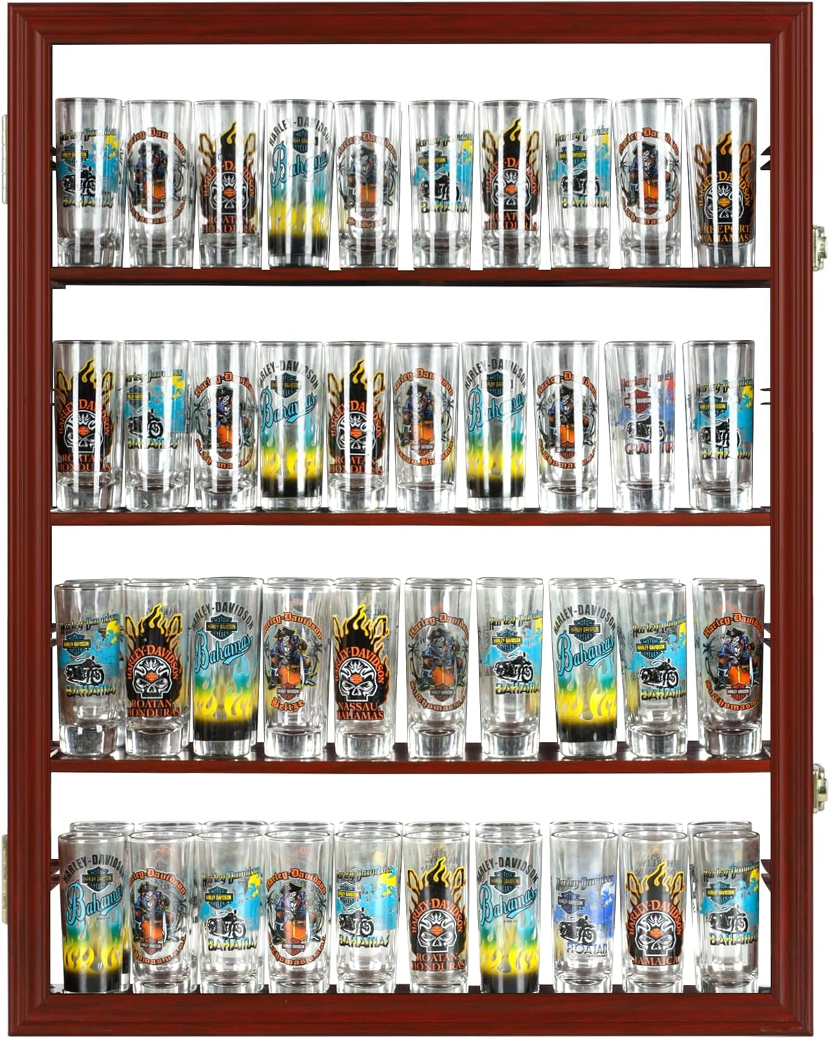 Rock Display case-Shot Glass Display Crystal Organizer for Stone Storage Wall Curio Cabinet with Mirror Back (Cherry Finish)