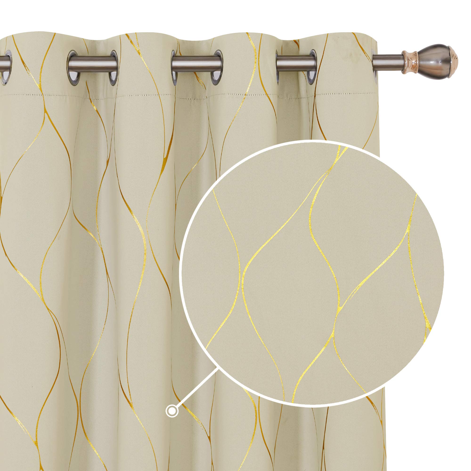 Deconovo Beige Home Decoration Eyelet Room Darkening Curtains, Gold Wave Foil Printed, Energy Saving For Living Room, 52 X 84 Inch, One Pair