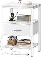 Vista 23 de SUPERJARE - Mesita de noche con estación de carga, con cajón de tela ajustable, para dormitorio, mesa auxiliar de almacenamiento de 3 niveles