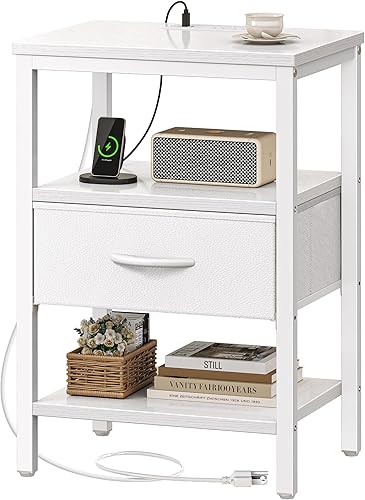 Miniatura 26 de SUPERJARE - Juego de 2 mesitas de noche con base de carga, cajón de tela ajustable, mesita de noche para dormitorio, de 3 niveles, para sala de café