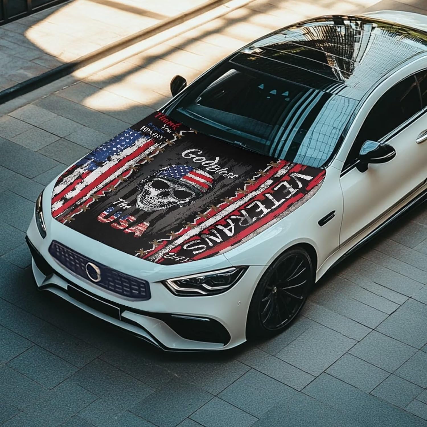 Car Hood Cover Protector Waterproof Auto Hood Wrap Blankets Veterans Day Decorations Auto Patriotic Decorative Accessories for Sedans SUVs Pickup Trucks (USA Flag Skeleton Soldier Design)