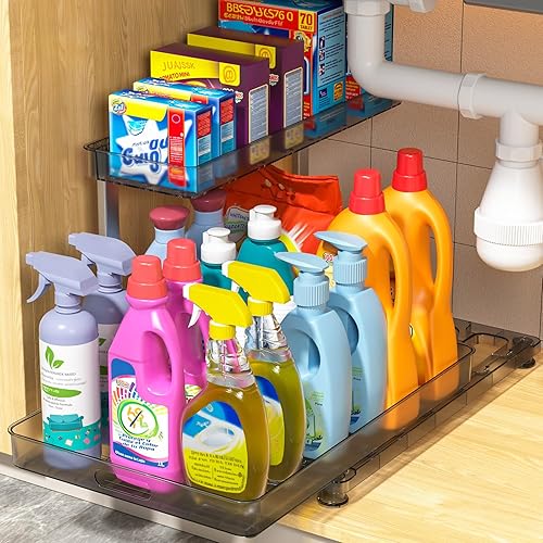 Fowooyeen Organizadores para debajo del fregadero organizadores de cocina deslizantes y cajón de cesta deslizante de 2 niveles, estante de