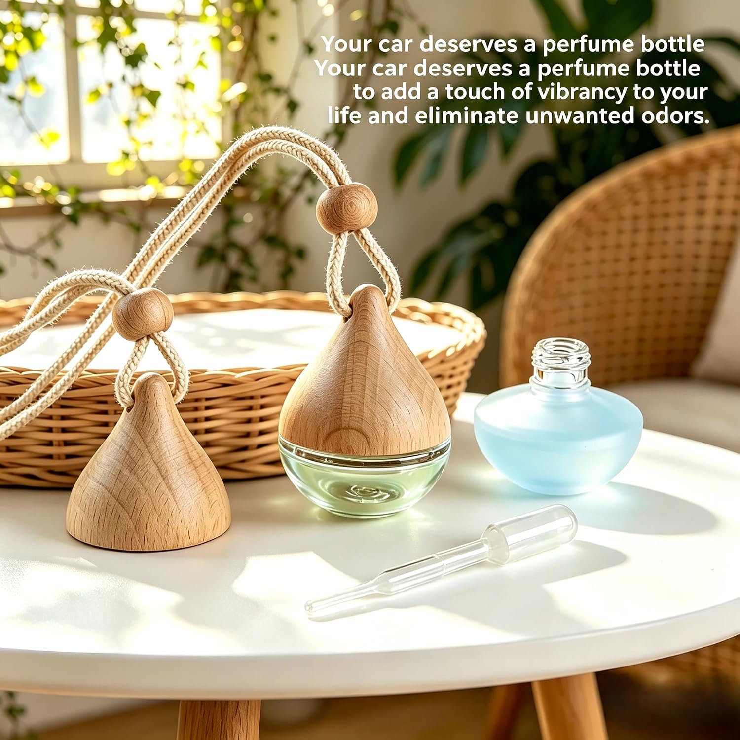 Refillable Hanging Car Air Freshener – Empty Glass Perfume Bottle Diffuser Pendant with Reed Sticks, Essential Oil Aroma Diffuser for Vehicle, Aromatherapy Decor (Water Drop)