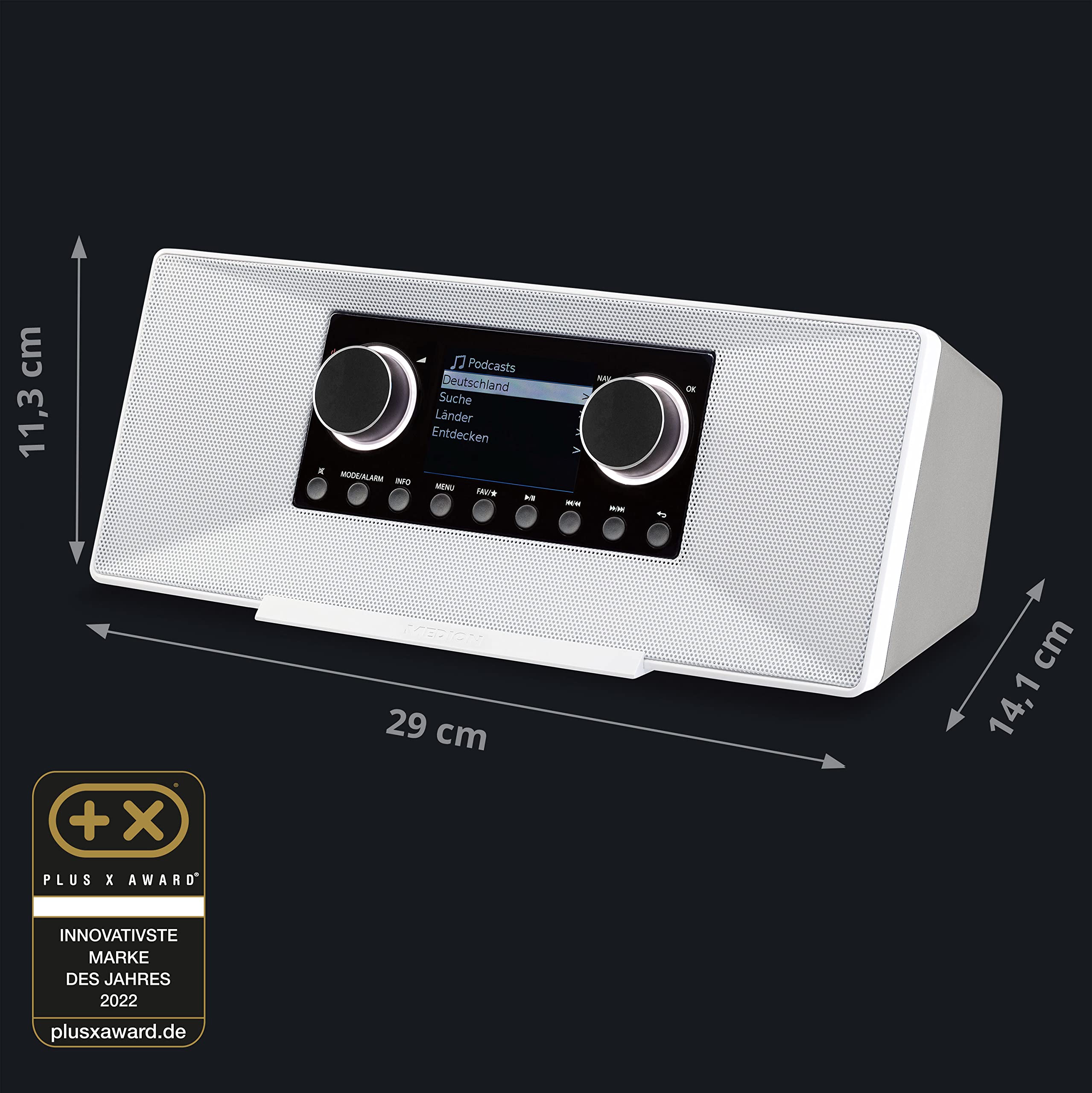 MEDION P85333 Radio por Internet con Dab+ (WiFi, FM, Spotify Connect, Amazon Music, USB, Toma de Auriculares, AUX, Stereo Line-out Cinch, Temporizador de sueño) Blanco