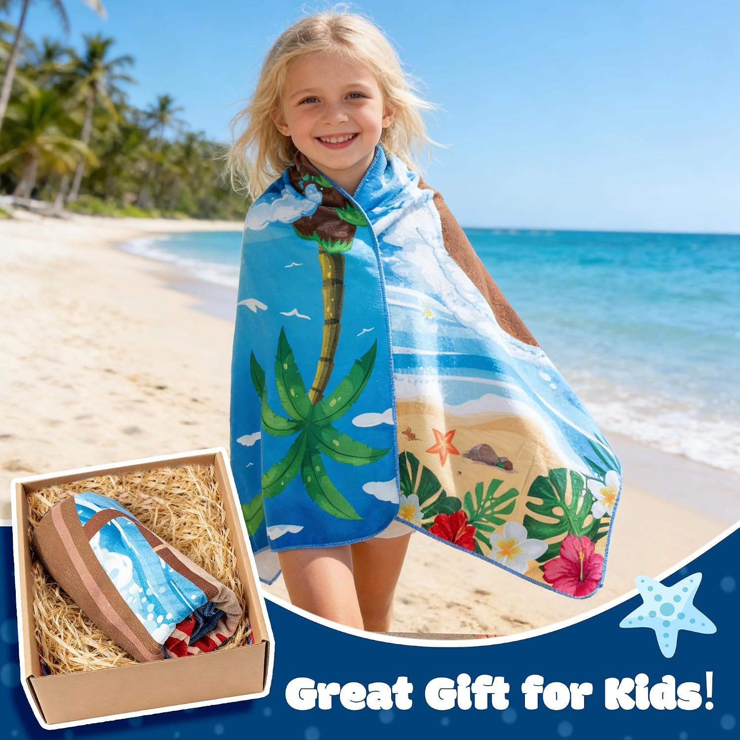Cartoon Ocean Girl Beach Towel for Kids, 30 x 60 inch Hawaii Tropical Luau Movie Thin Microfiber Sand Free Quick Dry Bath Pool Towel Blanket for Children Summer Pool Party Swimming Sport