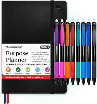 Purpose Planner A5 BlackHC & 8 Erasable Gel Pens FREE Refills