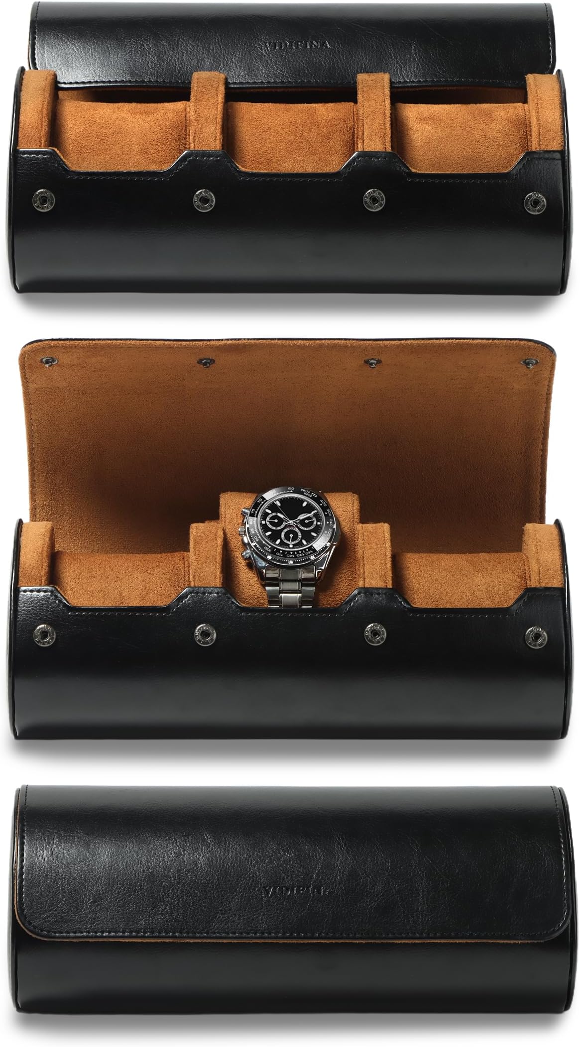 Vidifina Premium Watch Travel Case, Odor-Free PU Leather Watch Roll for 1/2/3 Watches Protective Storage with Gift Box, Ideal for Men's Christmas Gifts & Business Travel (Black, 3 watches roll)
