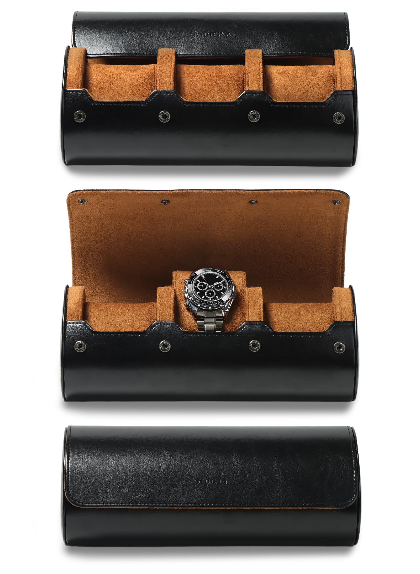 Vidifina Premium Watch Travel Case, Odor-Free PU Leather Watch Roll for 1/2/3 Watches Protective Storage with Gift Box, Ideal for Men's Christmas Gifts & Business Travel (Black, 3 watches roll)