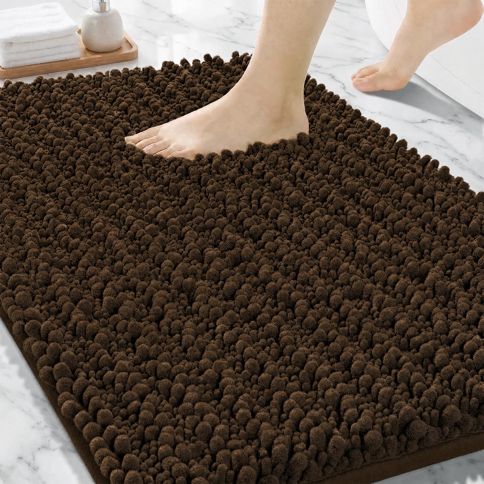 Chenille Bathroom Rugs 24x17 Absorbent Soft Non Slip, Brown