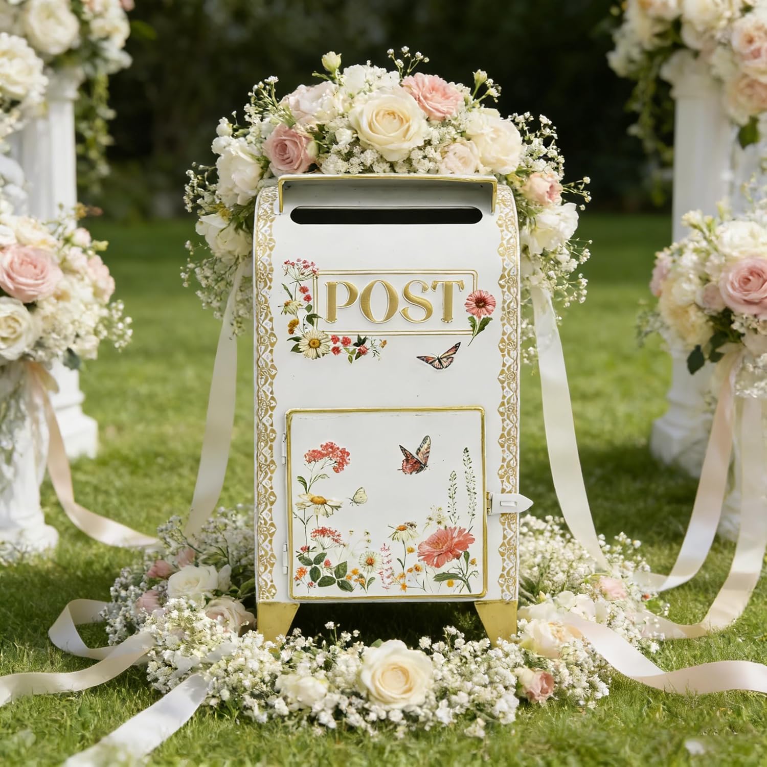 Vintage Wedding Mailbox with Lockable Door Decorative White Standing Post Box Large Metal Home Decor Mail Boxes for Wedding Cards Baby Birthday Shower Graduation Party Reception Gift (White)