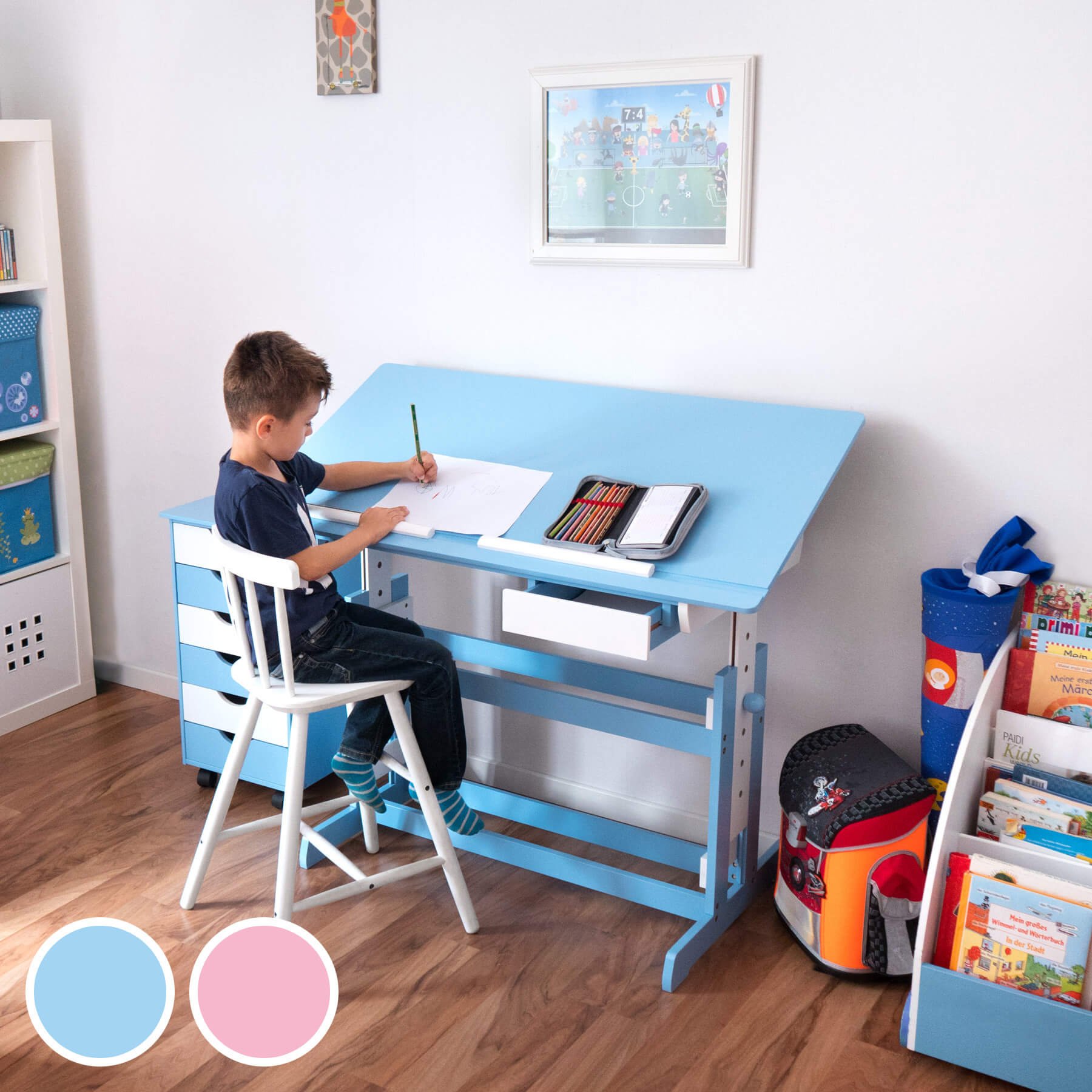 tectake® Escritorio Madera, Escritorio Elevable en 7 Posiciones, Tablero Inclinable, Cajón, Bordes Redondeados, Mesa Escritorio, Mesa de Estudio, Escritorio Infantil, Mesa Infantil - Rosa