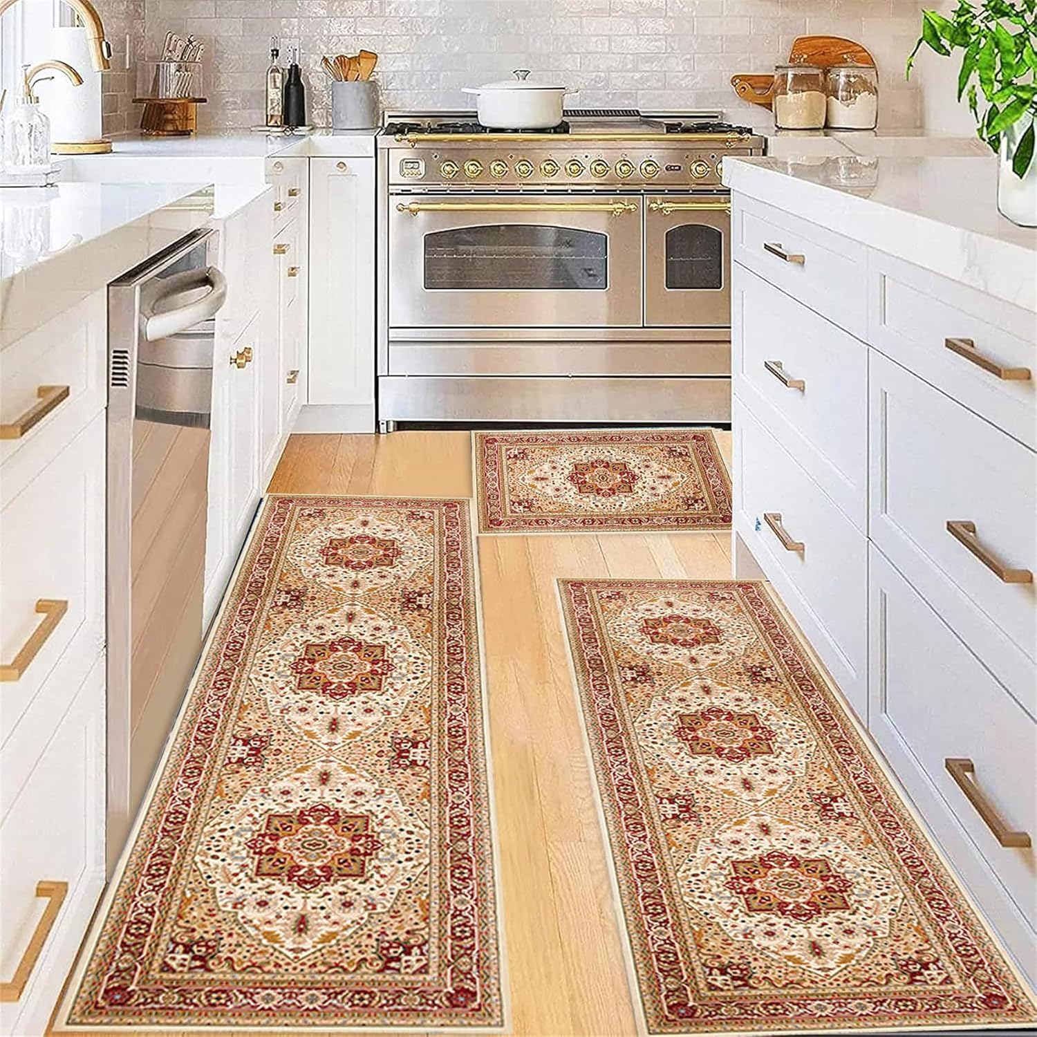 Boho Kitchen Rugs Sets of 3 Floral Kitchen Carpet Washable Kitchen Mats for Floor Farmhouse Kitchen Floor Mat Runner Rug for Laundry Room Hallway Entryway Vintage Gold