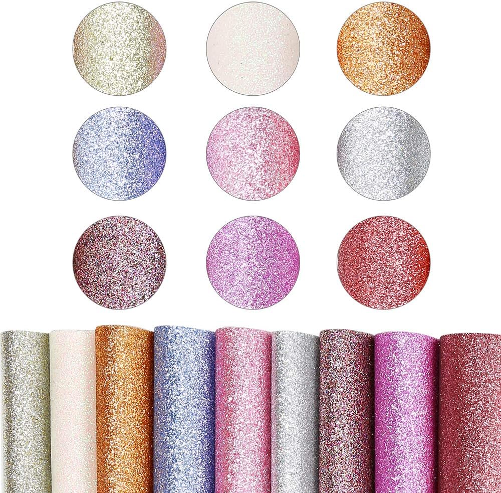 Caydo 9 Colors A4 Size Super Shiny Glitter Sequins Faux Leather Sheets Canvas Back for Valentine's Day Craft DIY, Hair Bows Making, Earrings Making 12.6 x 8.7 Inch