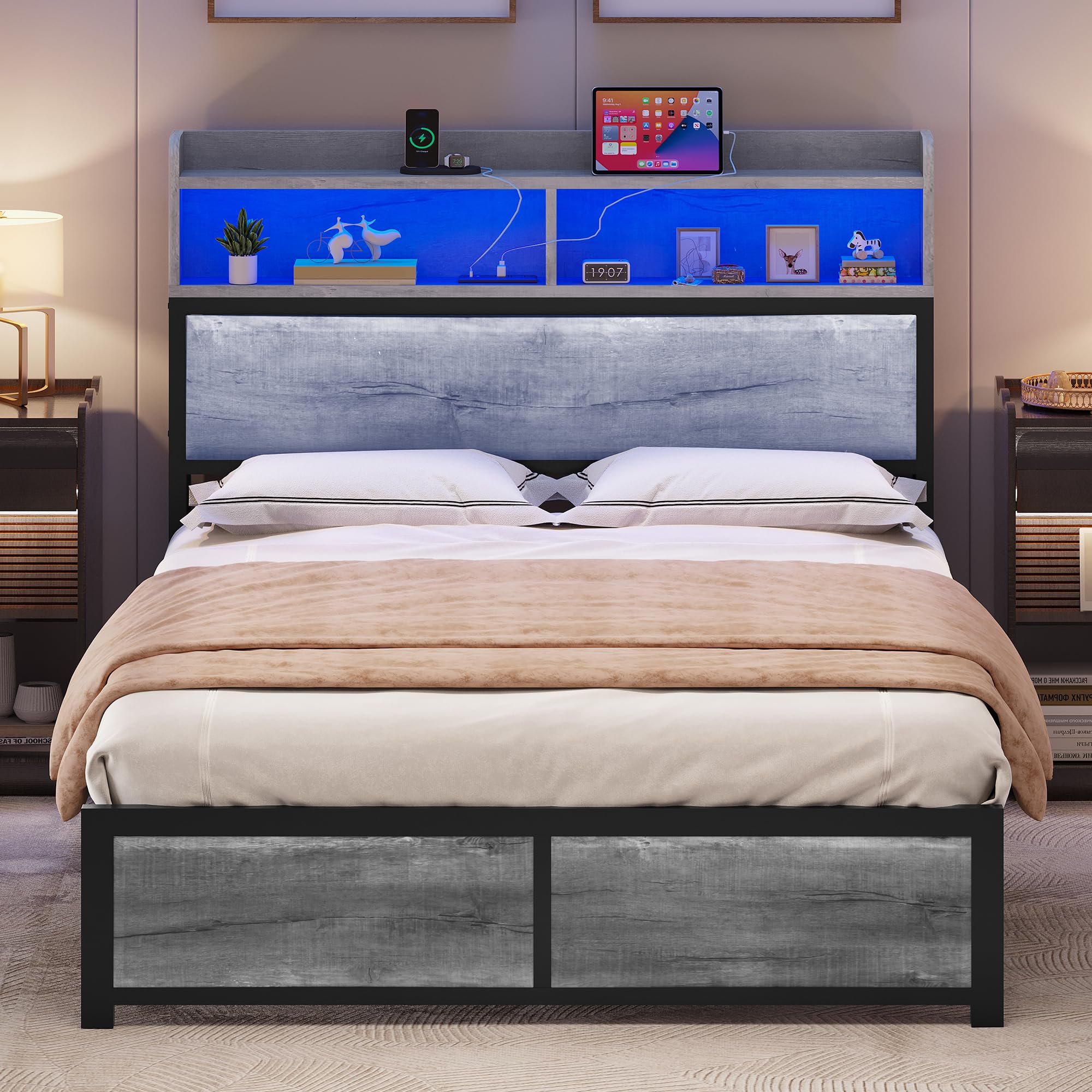 YITAHOME Queen Bed Frame with 2-Tier Storage Headboard, Metal Platform Bed Frame with Charging Station & LED Lights, Noise-Free/Metal Support/No Box Spring Needed, Rustic Grey