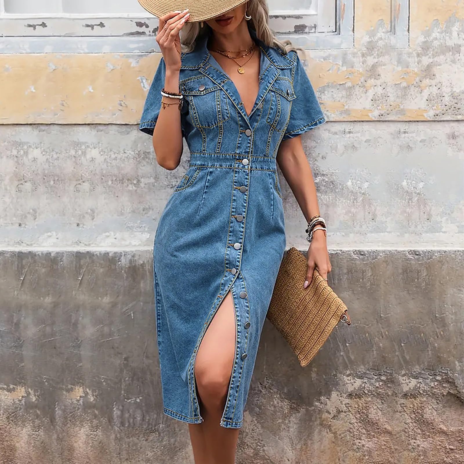 Generico Abito Bodycon in Denim Midi per Donna – Maniche Corte, Bottoni, Scollo a V, Abito Camicia Jeans con Spacco