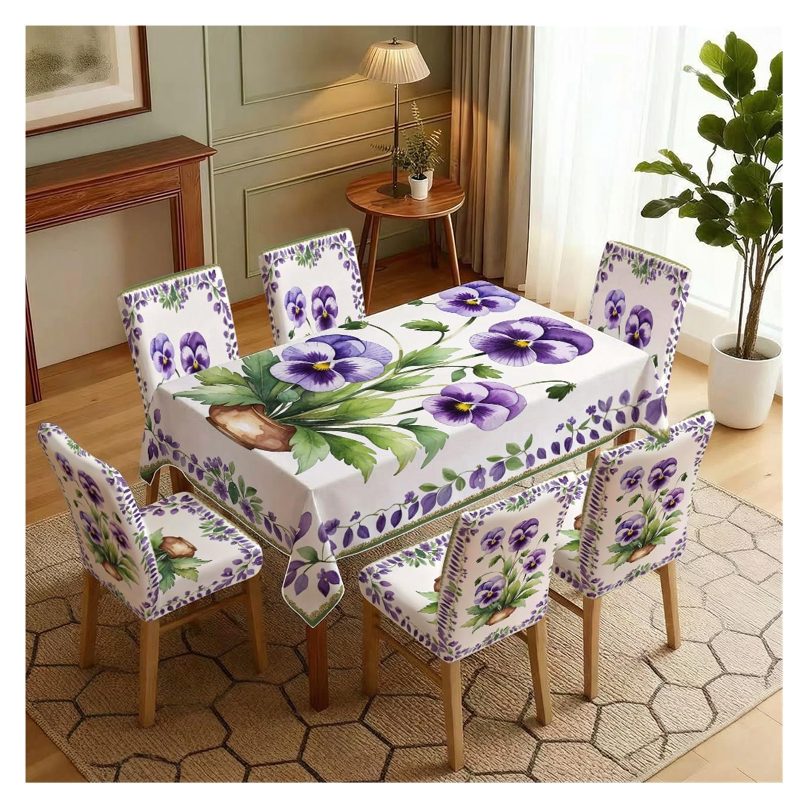 KXUAUV Purple Pansy Floral Print Stretch Dining Chair Covers & Tablecloth Set, 5/7 Pack Party Decor(7pcs Set: Tablecloth+Chair Covers)