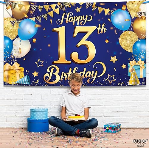 Miniatura 7 de KatchOn, Cartel azul extragrande de feliz cumpleaños número 13, 72 x 44 pulgadas, decoraciones de cumpleaños número 13 para niños y niñas,