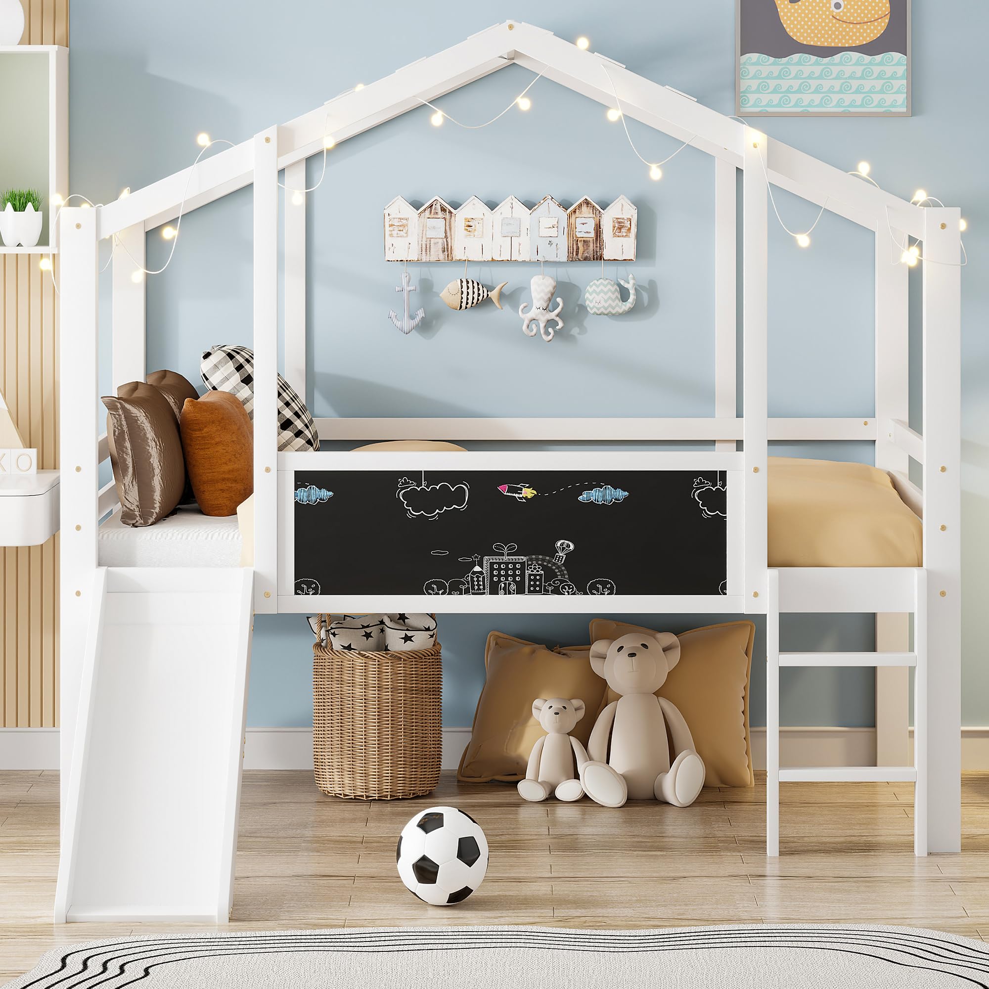 Merax Kinderbett 90×200 cm, Hochbett aus Massivholz, im Haus-Design mit Rutsche, Graffiti-Tafel, Multifunktionsbett, Einzelbett, platzsparendes Spielbett für Kinderzimmer, Weiß (ohne Matratze)