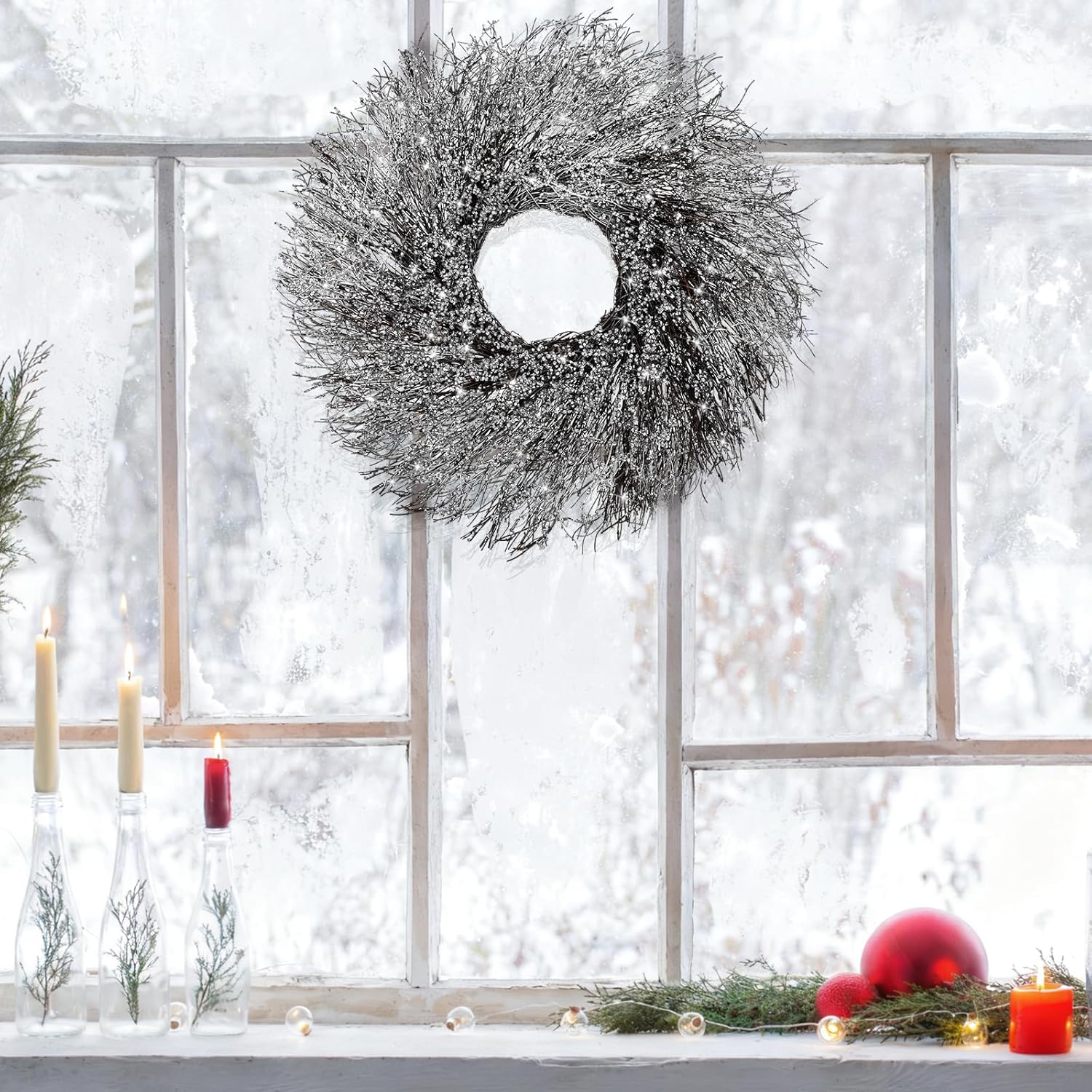 Iced Winter Wreath for Front Door 15.78 Inch Christmas Glitter Shiny Silver Door Decoration Xmas Artificial Rhinestone Wreath for Window Wall Fireplace Indoor Outdoor Decor