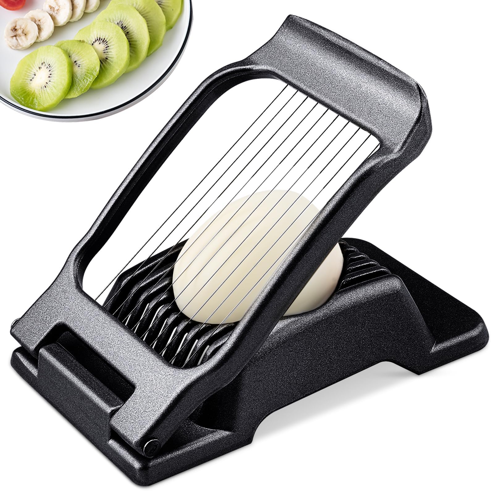 Egg Slicer, Egg Cutter for Hard Boiled Eggs, Heavy Duty Aluminium Slicer for Egg Mushroom Strawberry Soft Fruit, Stainless Steel Wires, Dishwasher Safe & Easy to Clean (Black)