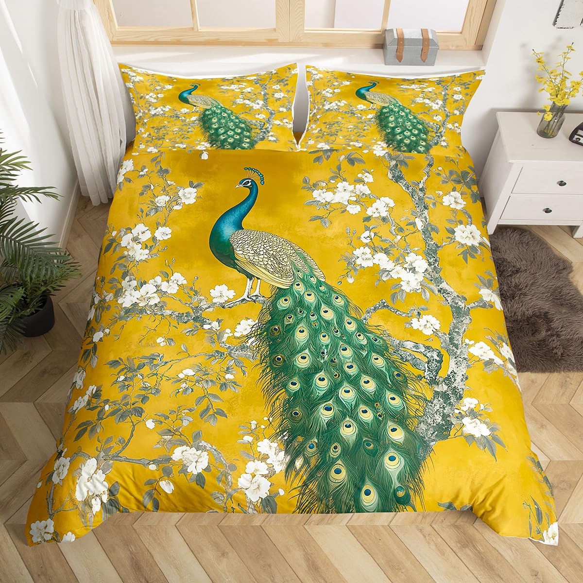 Homewish Retro Peacock Flowers Double Size Duvet Cover for Girls Women Adults, Elegant Peacock Animal Print Bedding Set Vintage Gorgeous Floral Quilt Cover Luxury Bed Sets, Grey Reversible