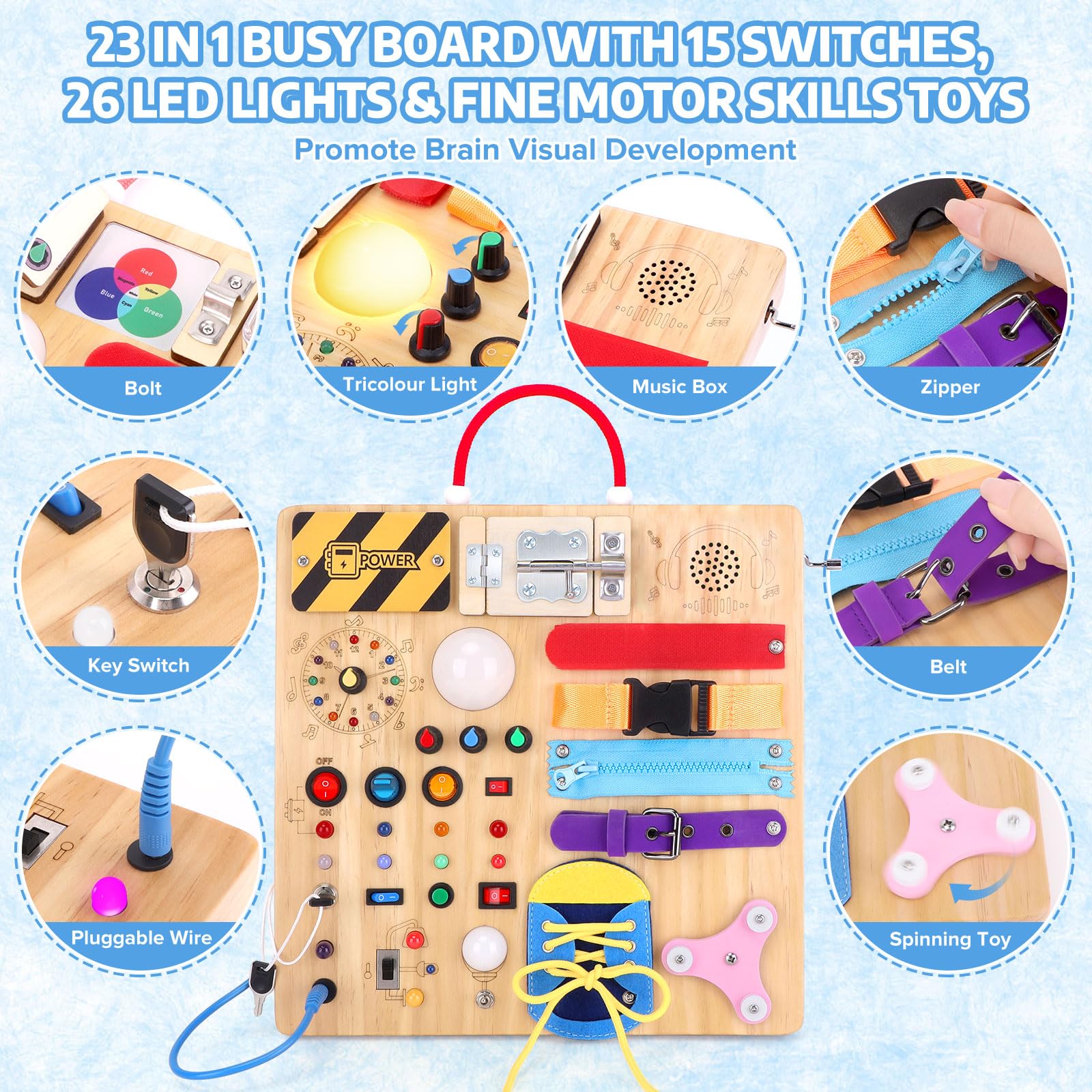 Konijiwa 23 in 1 Toddler Toys Montessori Busy Board for 1 2 3 Year old Boys Girls Wooden Toys with With 15 Switches - Image 2