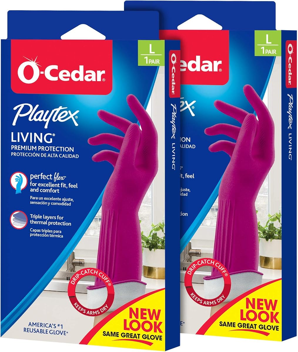 Living Reuseable Rubber Cleaning Gloves, Premium Protection (Large, Pairs - 2) Color may vary