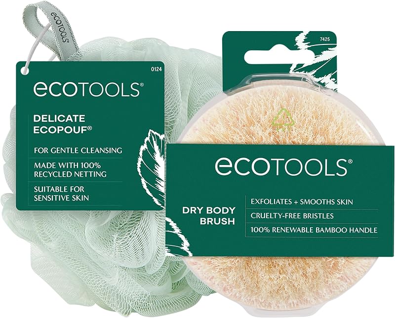 EcoTools Conjunto com escova corporal seca e esponja de banho EcoPouf verde delicada