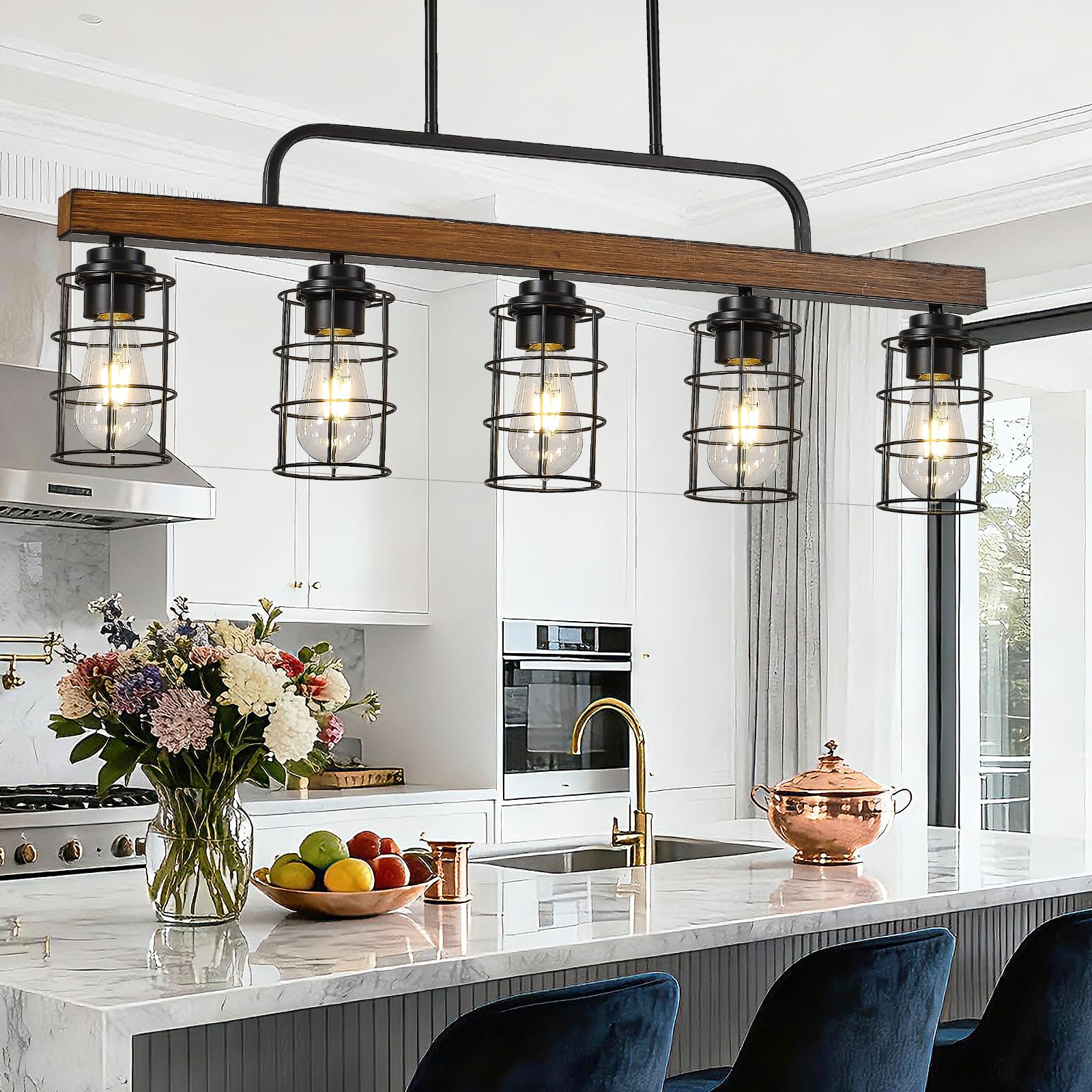 Tytphots 5-Light Farmhouse Walnut Chandelier for Dining Room, Black Kitchen Island Light with Rust-Proof Metal Frame & E26 Base, 49" Height Adjustable