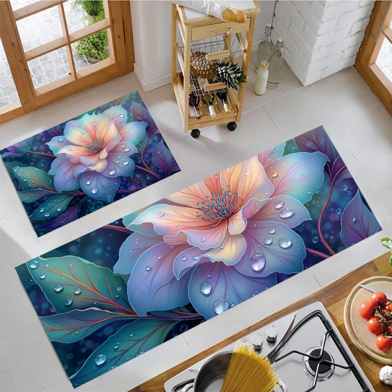 Tapis de cuisine 2 pièces antidérapant en silicone motif fleuri 40x60 et 40x120cm