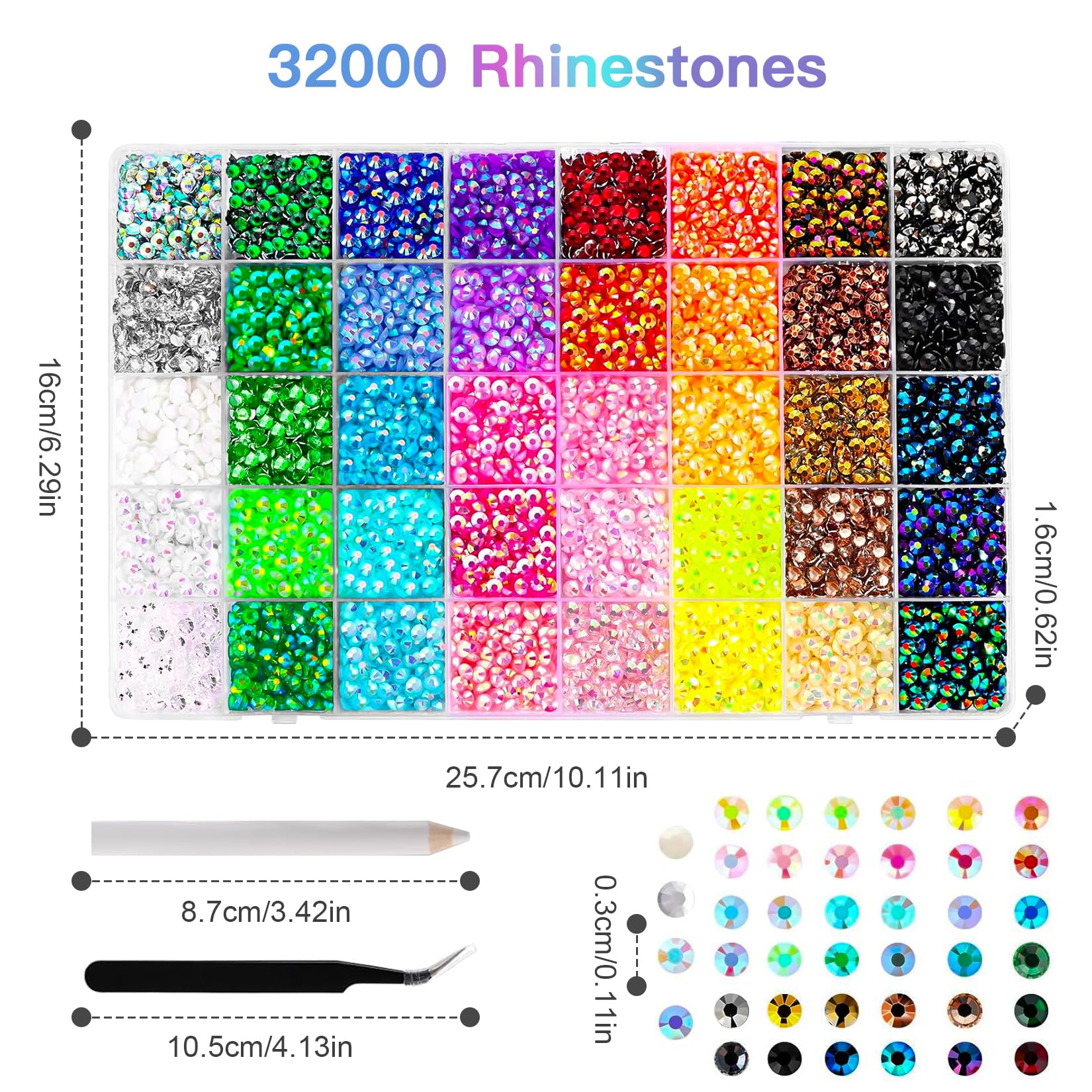 32 000 Strasse, 40 Couleurs Strass Plats Perles 3 mm, Kit de Strass en Résine pour Travaux Manuels, Loisirs Créatifs, Décoration Ongles, Textiles + pince à épiler/bâtonnet de cire