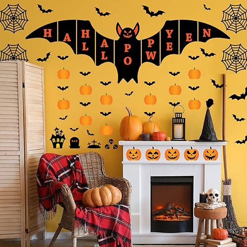 Miniatura 7 de 145Pcs Halloween Wall Decals,Large Size Bat Wall Decal Home Horror Wall Decal, Wall Sticker Pumpkin Spooky Decorations Party Supplies Ancient Castle
