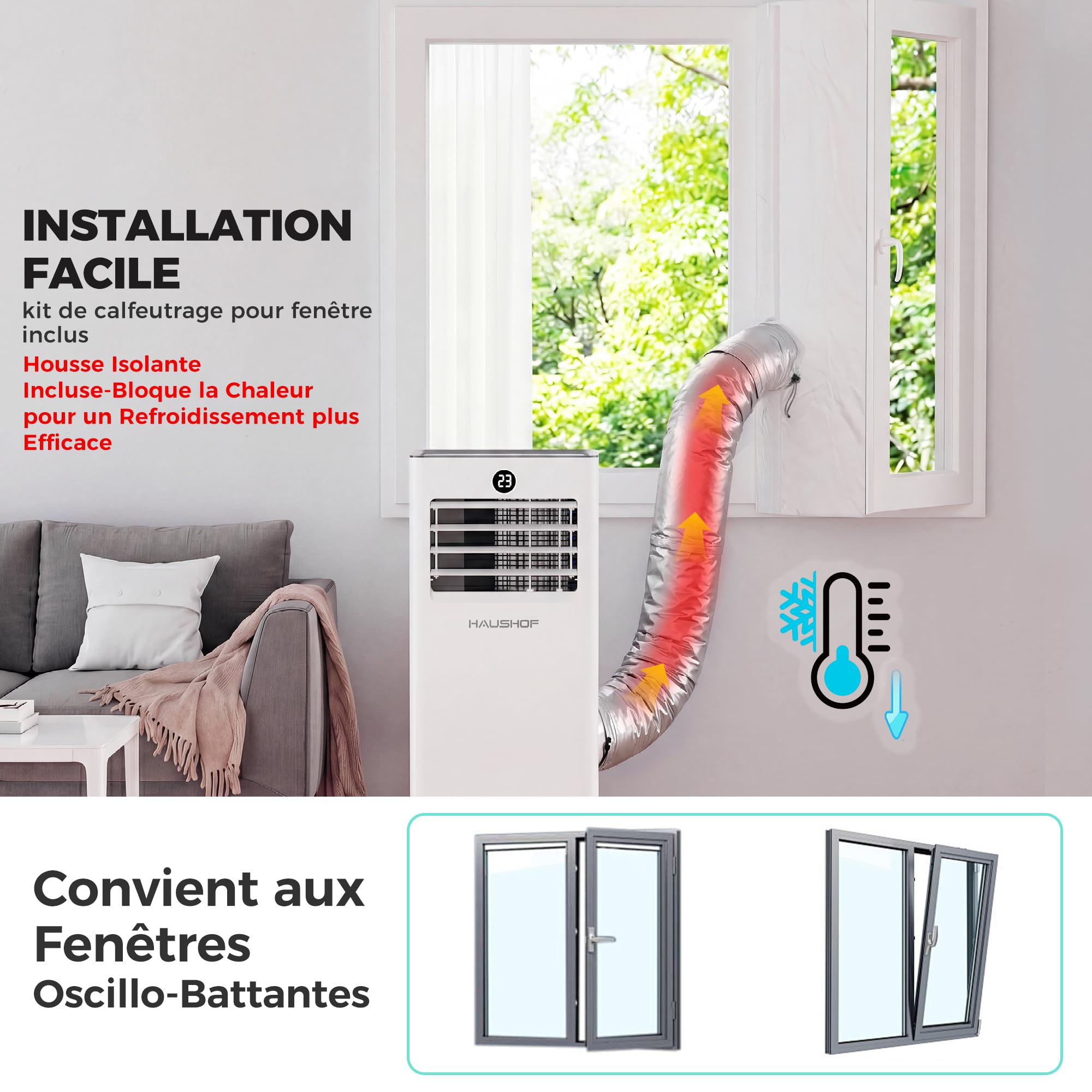 HAUSHOF Climatiseur Mobile 9000 BTU, 4-en-1 avec Tuyau d’Évacuation et Housse d’Isolation Thermique, 330 m³/h, Déshumidificateur 25 L/Jour, Mode Nuit, Télécommande, Kit Fenêtre, Jusqu’à 30 m²
