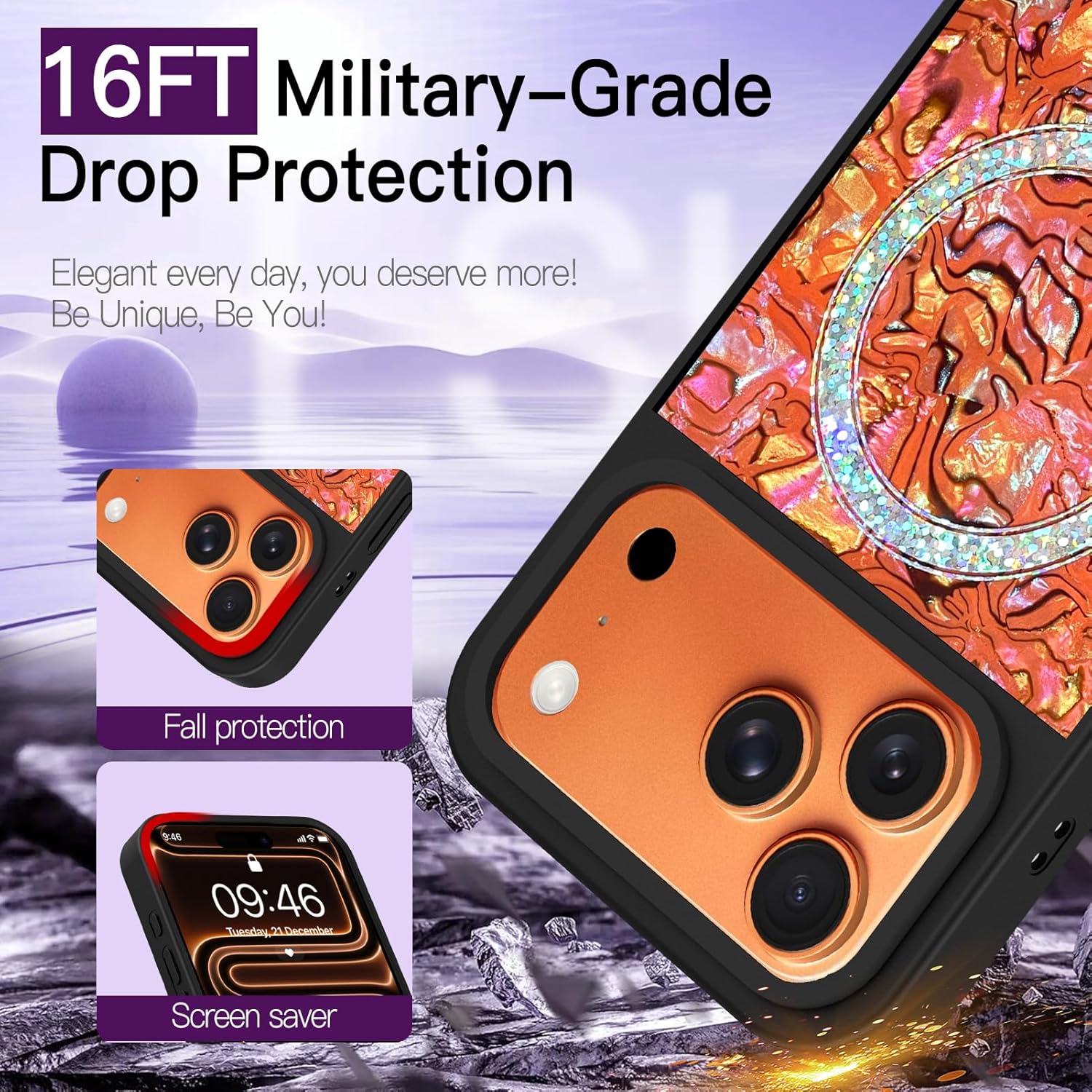 LSL Case for iPhone 17 Pro [Compatible with MagSafe] Sparkle Abalone Pearl Pattern Design Soft TPU Buper Hard PC Shockproof Anti-Drop Protective Slim Magnetic Iridescent Cover - Orange