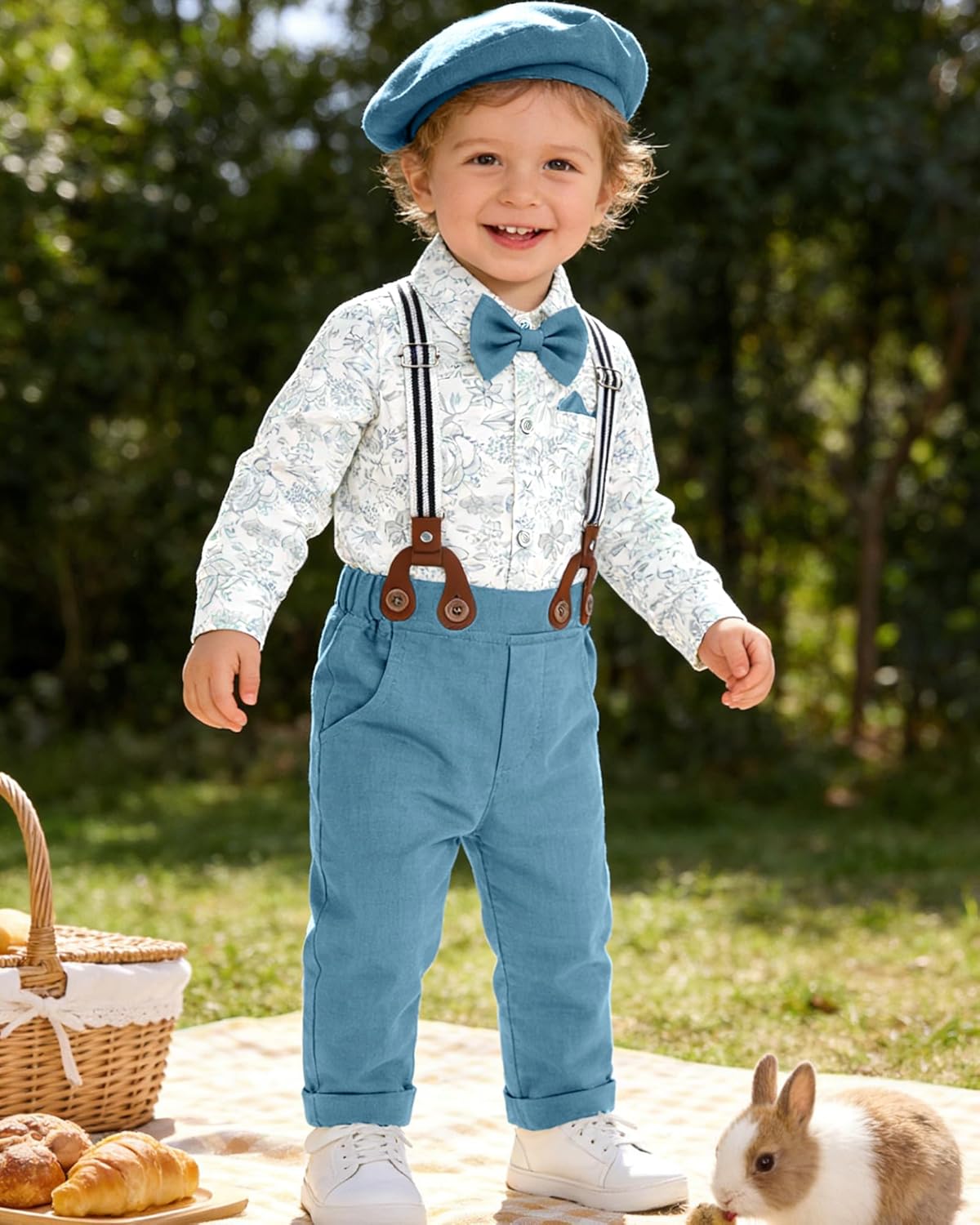 YALLET Baby Boy Outfits Suits Infant Formal Dress Clothes Gentleman Wedding Print Shirt+Beret Hat+Suspender Pants+Bowtie